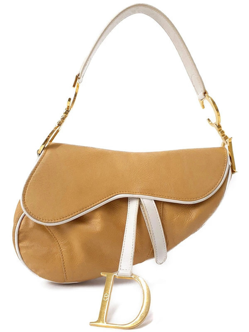 Christian Dior tan Beige Cream calfskin leather Saddle bag white John Galliano